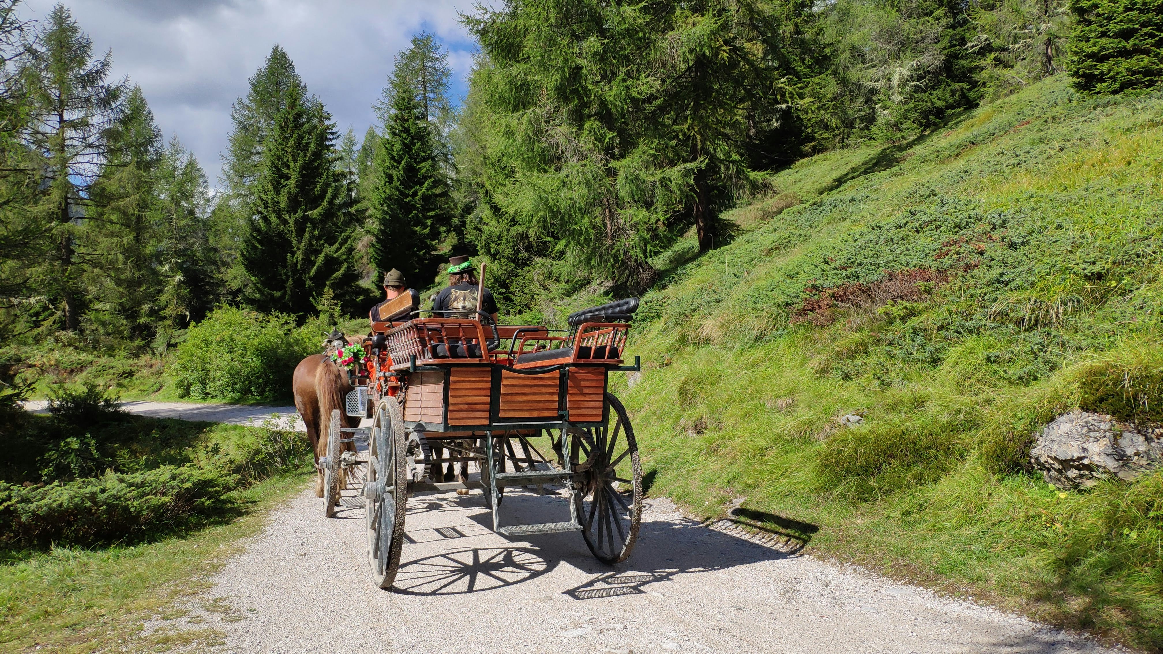 a horse drawn carriage traveling down a dirt road