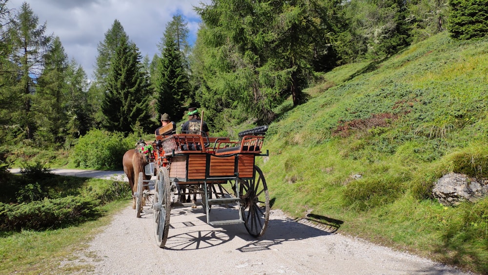 a horse drawn carriage traveling down a dirt road