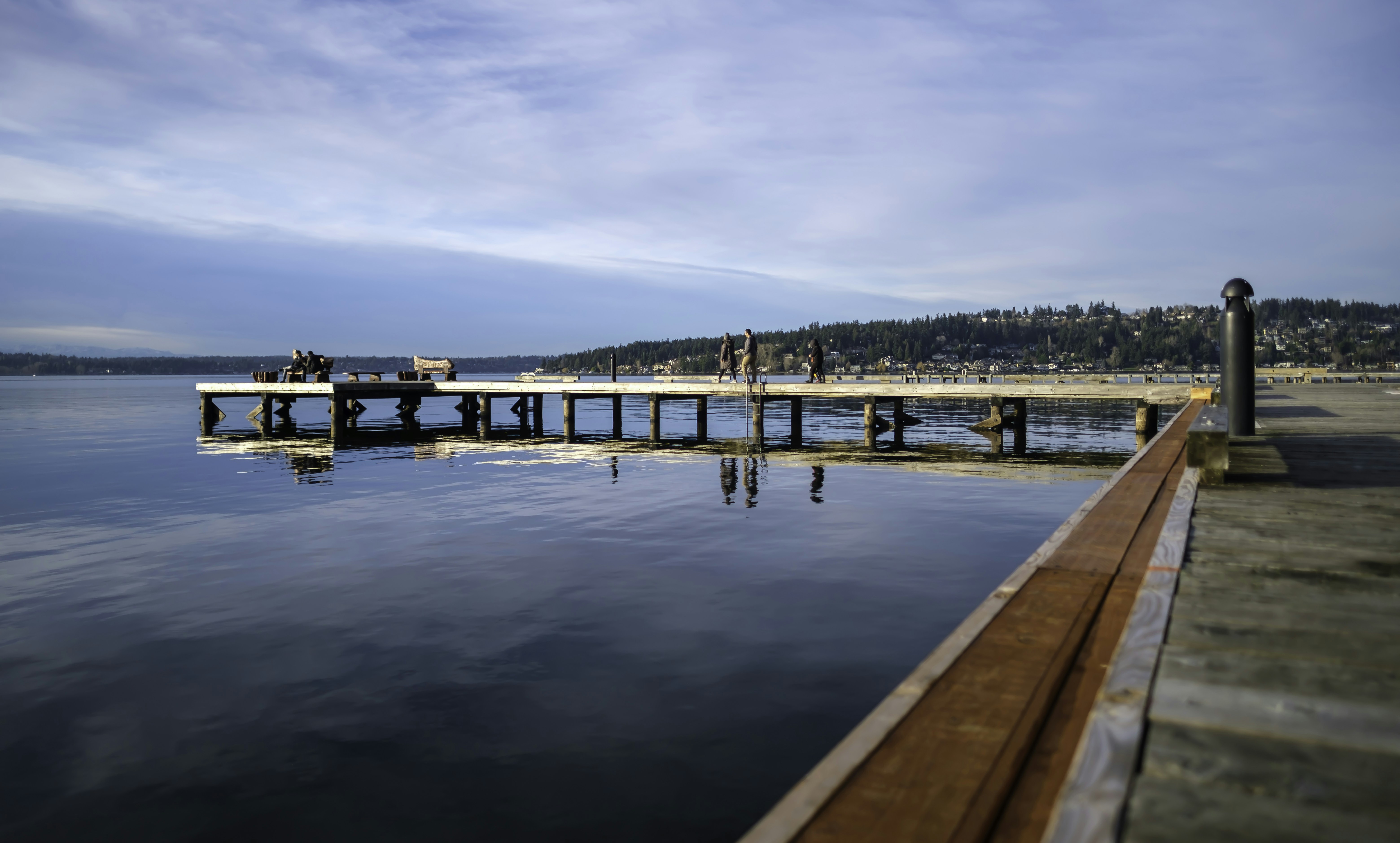 a pier on a lake with people standing on it