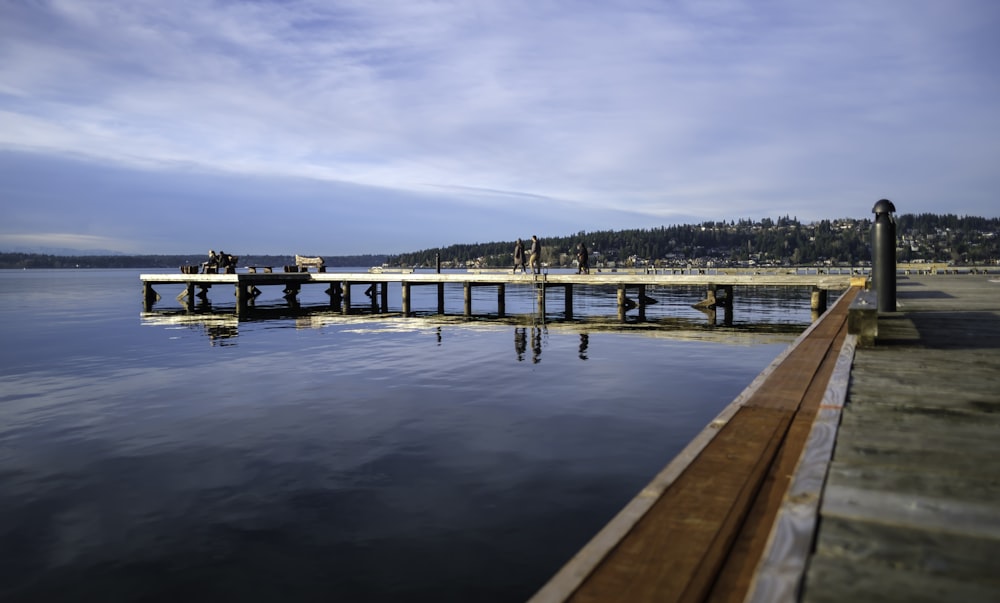 a pier on a lake with people standing on it