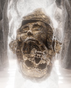 A striking NFT artwork showing a split face: one half a human skull with exposed brain, the other half an alien visage glowing with cosmic energy.