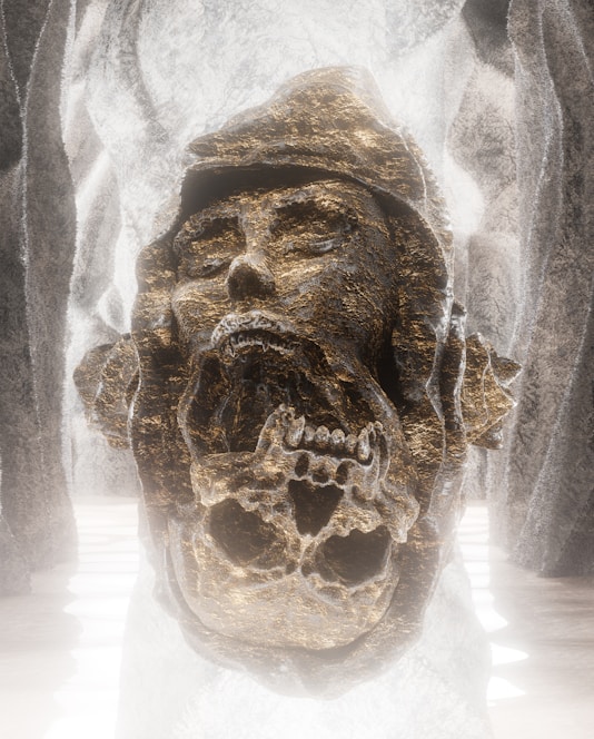 A striking NFT artwork showing a split face: one half a human skull with exposed brain, the other half an alien visage glowing with cosmic energy.