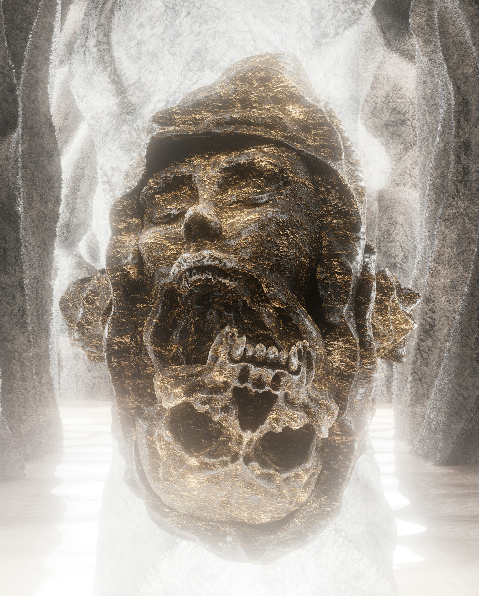 A hauntingly beautiful Duality Genesis piece featuring the fusion of human logic and alien intuition, with subtle cosmic patterns swirling around the divided face.