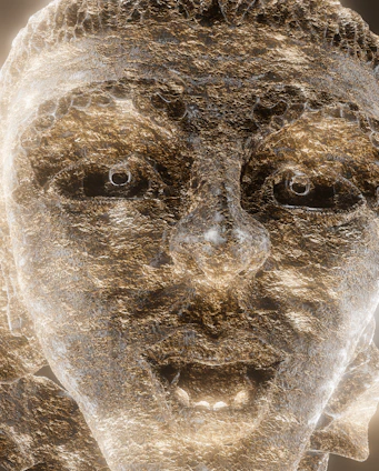 Close-up of a crystal-engraved portrait showcasing intricate 3D relief and natural facial expression.