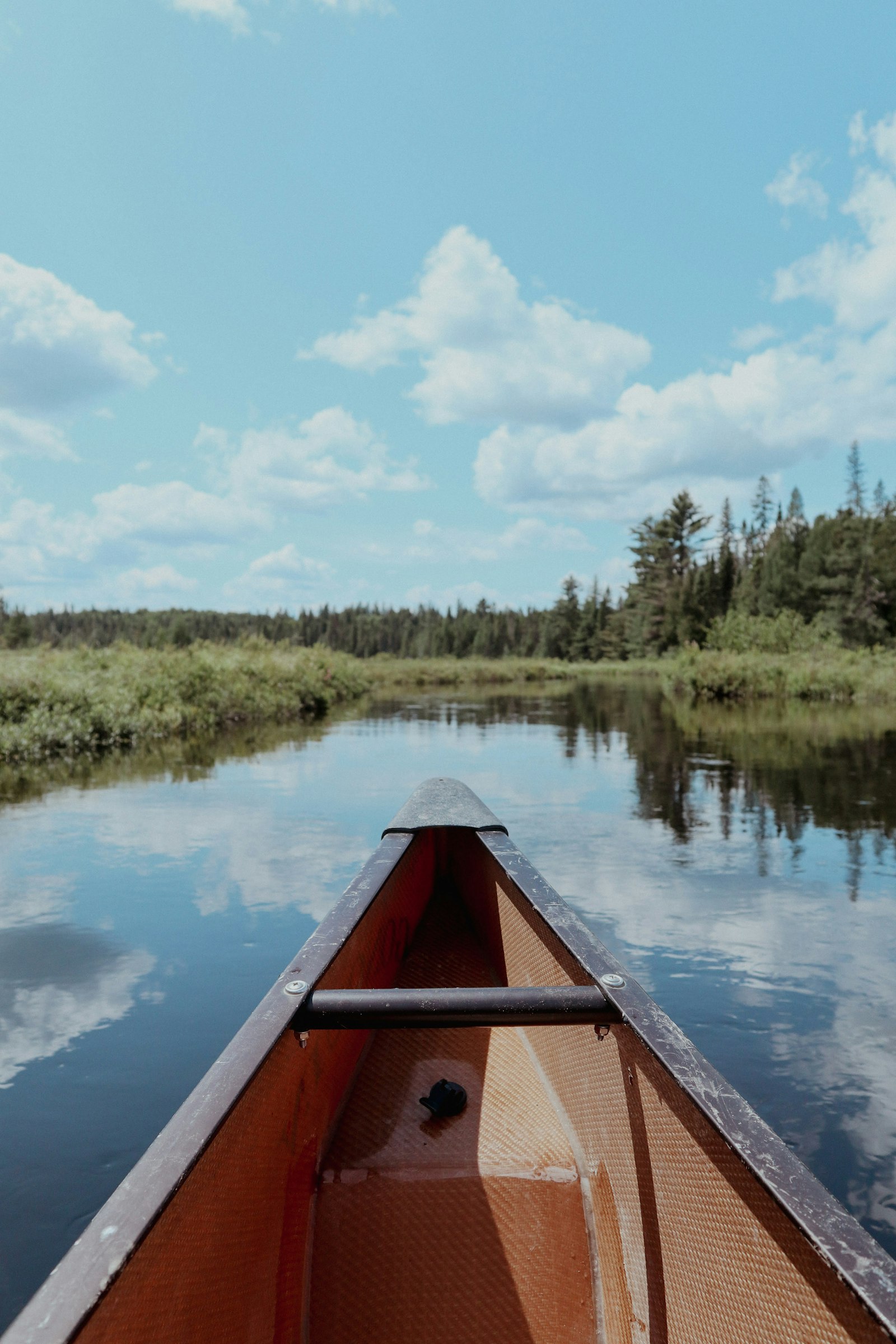 A canoe on a calm, tree-lined river