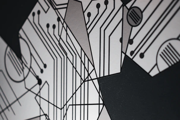 Minimalist black and gold-themed abstract design representing intelligence and data flow.