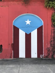 A vibrant mural painted on a wall features the Puerto Rican flag. The design includes vertical red and white stripes with a blue triangle on top, displaying a white star at its center. The surrounding wall is weathered red with ivy or plants growing from the top.