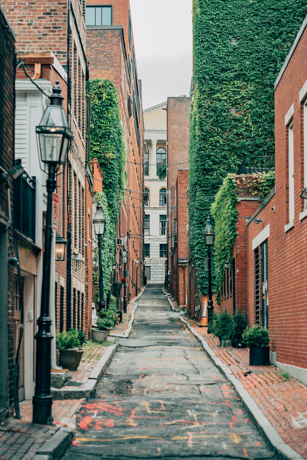 a narrow city street with brick buildings and ivy growing on the walls