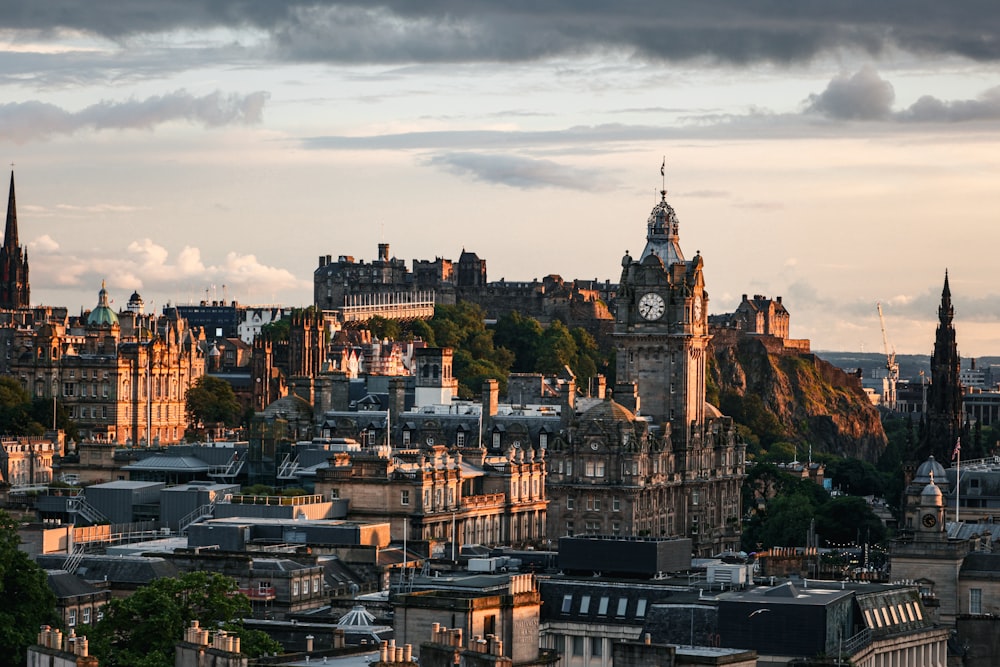 a view of a city with a clock tower