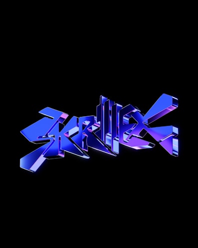 a blue 3d text that is on a black background