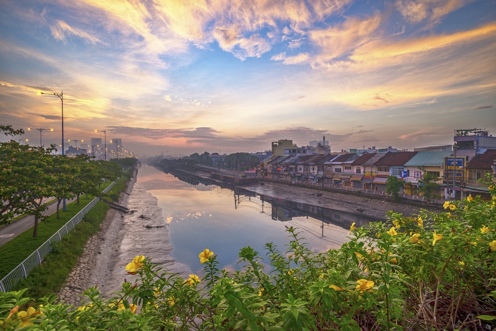 a river running through a city next to a lush green field