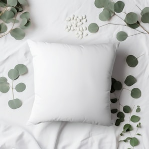 The pillow displayed with natural materials and a small plant, emphasizing health benefits.