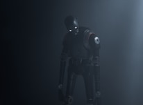 A humanoid robot with dark metallic body stands in a dimly lit environment, emitting an eerie presence. Its eyes glow white, providing a stark contrast to the dark surroundings. The robot's body is detailed with mechanical joints and a circular emblem on its shoulder.