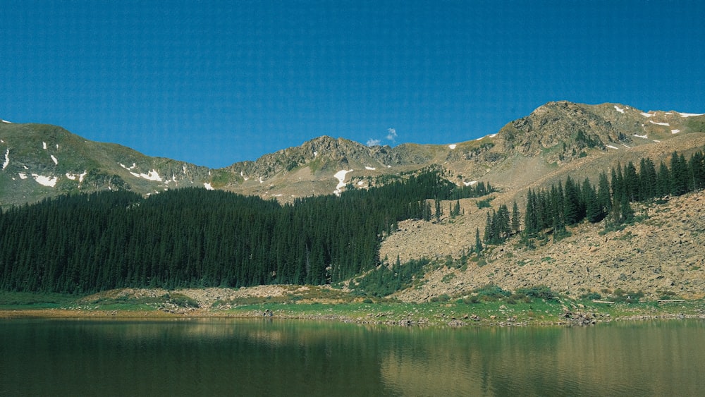 a lake surrounded by mountains and trees