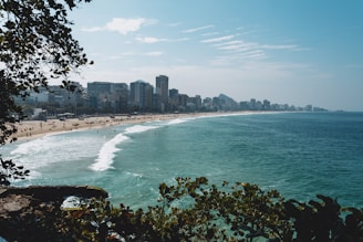 a view of a beach with a city in the background