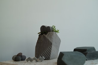 A minimalist arrangement featuring a small plant growing out of a textured stone vase, with smooth pebbles and geometric stone blocks on a flat surface.