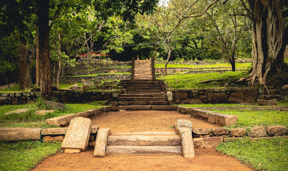 a set of stone steps leading to a lush green park