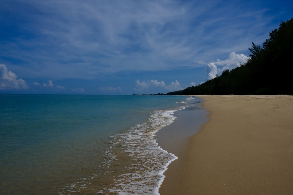 a sandy beach with waves coming in to the shore