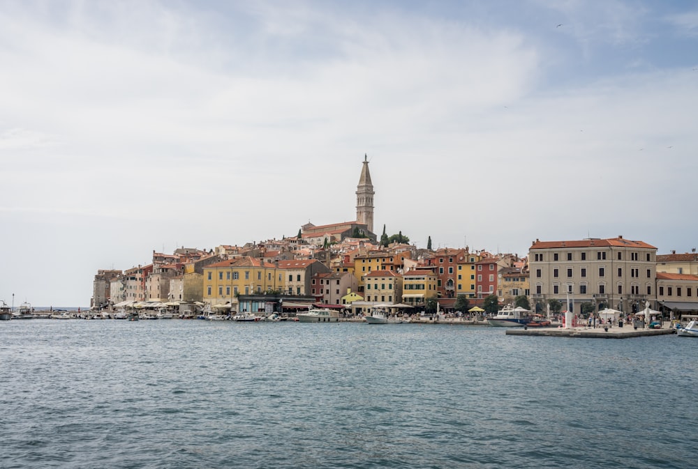 a large body of water with a city in the background