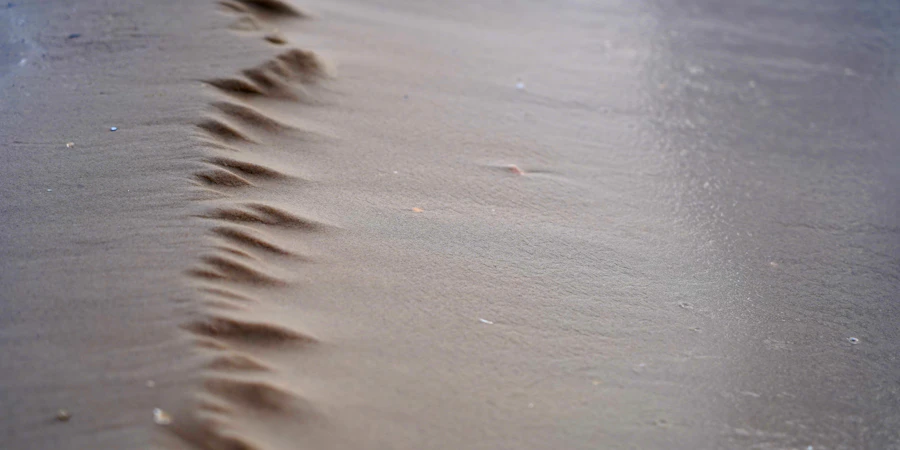 A long line of footprints trailing across the sand, tracing the same path twice