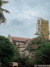 A two-story house with a red-tiled roof is partially obscured by lush green trees. In the background, a tall building is under construction, wrapped in yellow scaffolding netting. A palm tree is visible in the left foreground, and the sky above is cloudy and overcast.