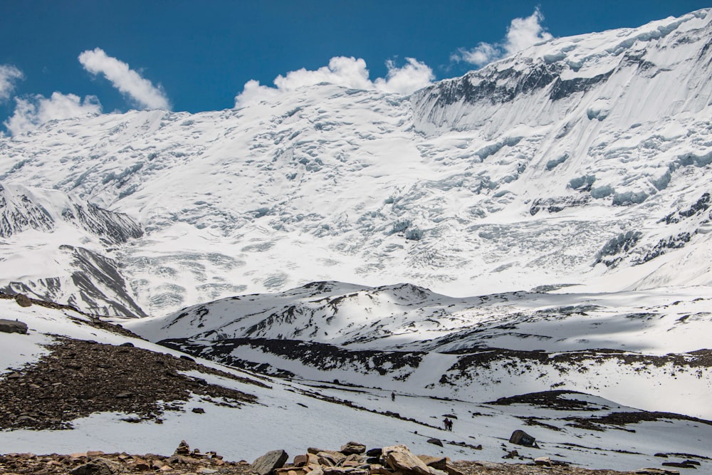 a snow covered mountain with rocks and snow