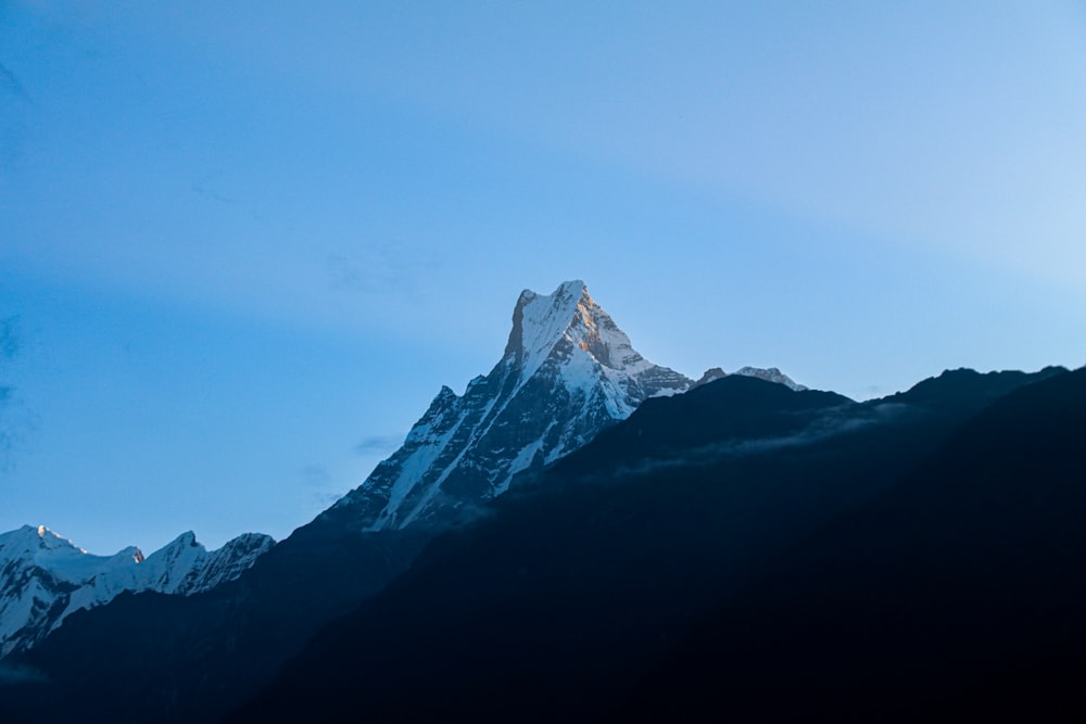 a snow covered mountain with a blue sky in the background