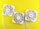 Three white computer cooling fans are arranged on a bright yellow background. Each fan has a similar design with multiple blades and a square frame. Thin white wires extend from the fans.