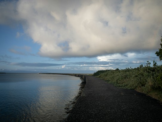 A quiet coastal scene featuring a paved pathway extending alongside calm water, bordered by lush green vegetation. The sky is expansive with large, soft clouds and hints of blue peeking through, suggesting a tranquil and possibly overcast day.