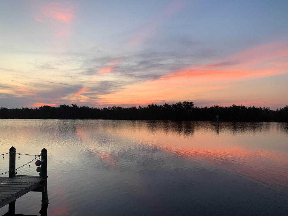 un quai assis au sommet d’un lac à côté d’une forêt