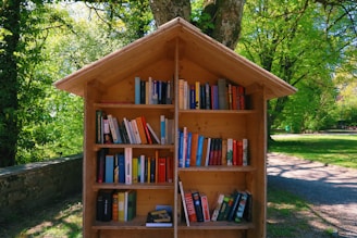 A wooden outdoor bookshelf filled with a variety of colorful books is set against a backdrop of lush, green trees and grass. The structure has a sloped roof, resembling a small house or hut. The area is well-lit, suggesting it's a sunny day. A stone wall is partially visible to the left, and a shaded path can be seen to the right.