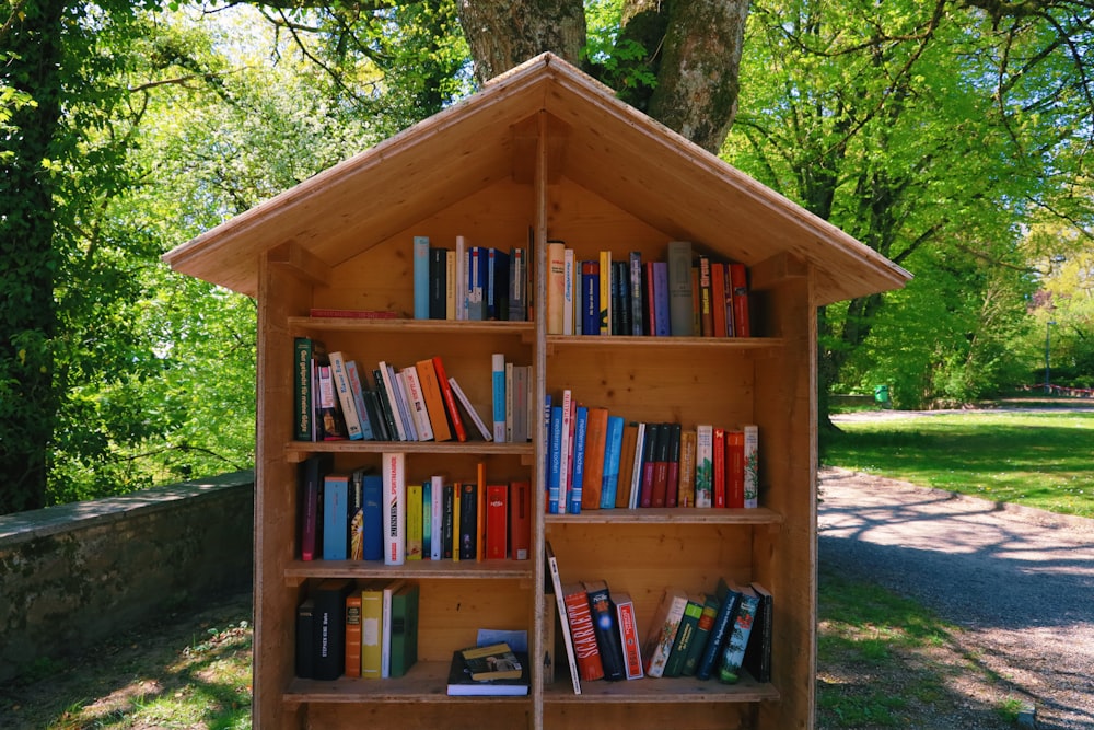 a bookshelf with a lot of books on top of it