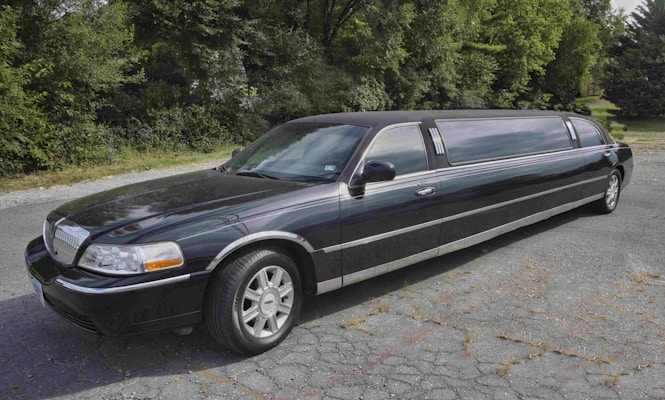 A long, black limousine is parked on a cracked asphalt surface with lush green trees in the background. The vehicle features a sleek design with silver rims and tinted windows.