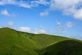 Scottish Power wind turbines spinning under a clear blue sky.