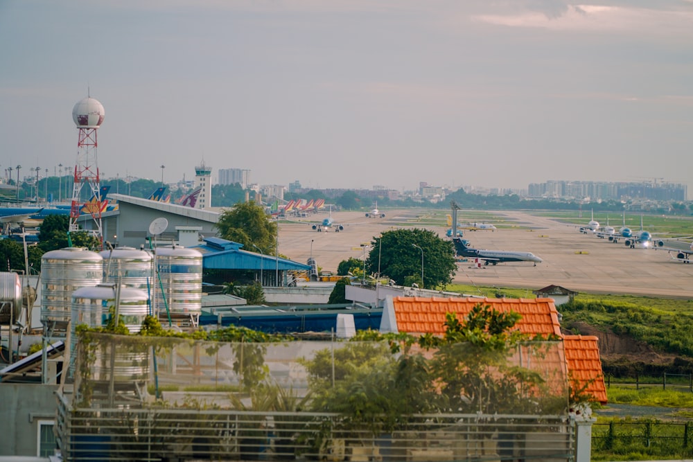 a view of an airport from the top of a building