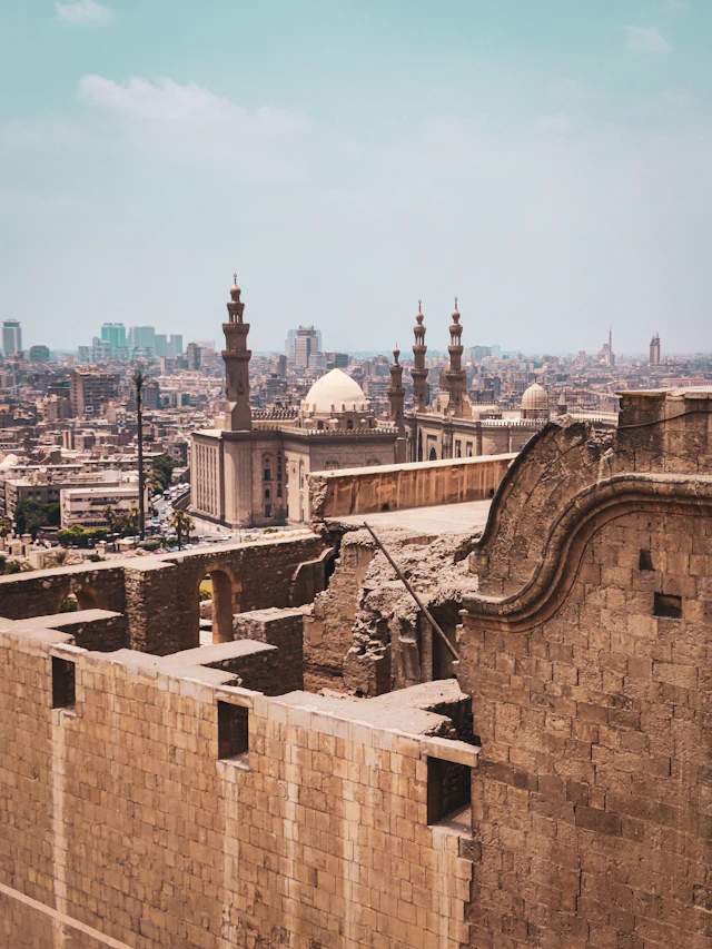 View from the Citadel of Saladin's stone ramparts over the mosque-studded Cairo skyline.