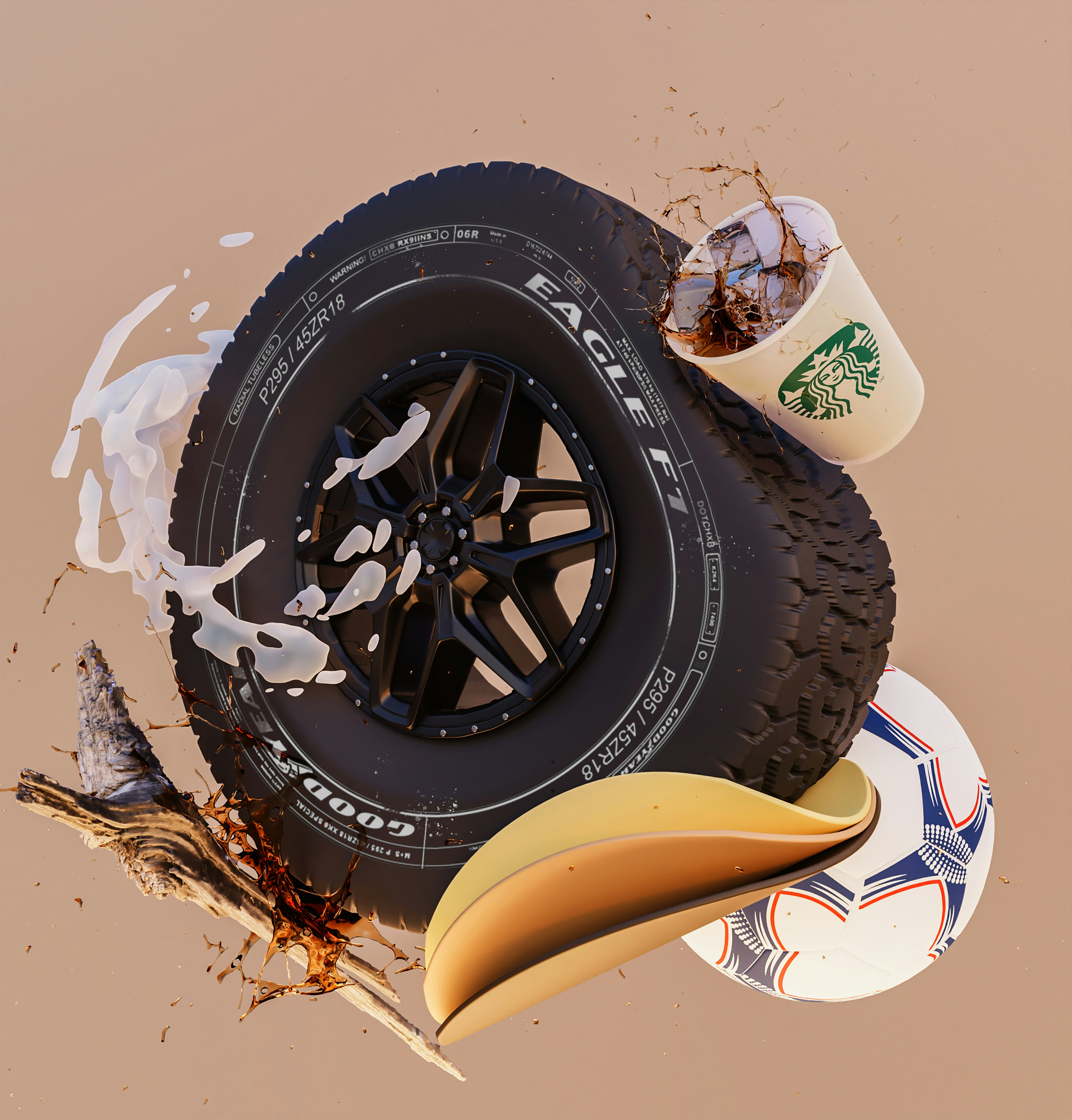 a tire and a cup of coffee sitting on top of each other