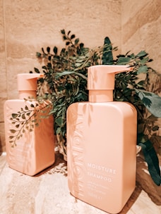Bottles of shampoo and conditioner lined up on a bathroom shelf with natural light.