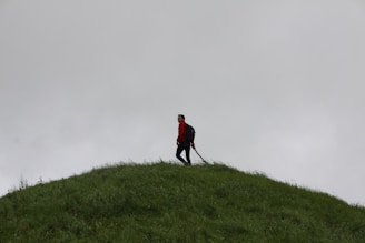 a man standing on top of a lush green hillside