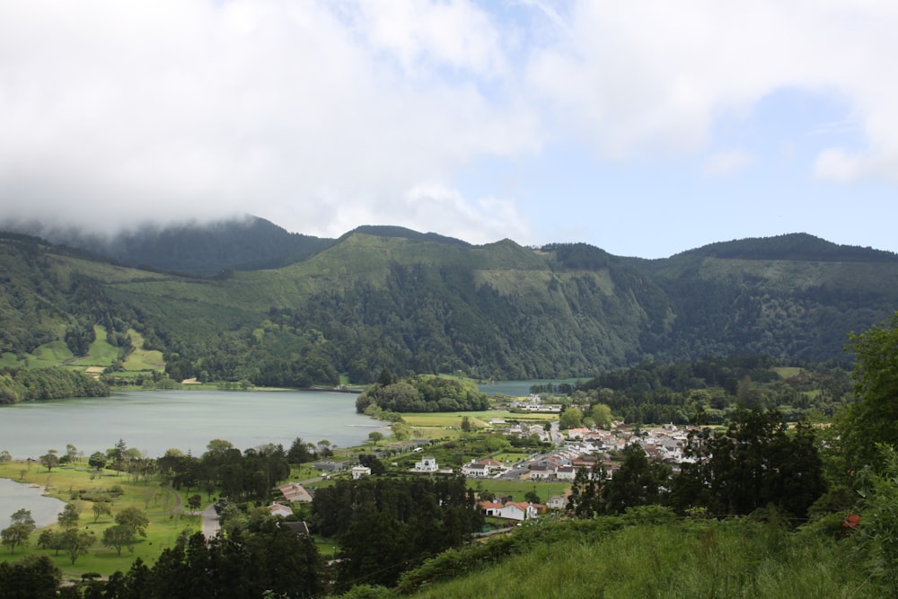 a scenic view of a lake surrounded by mountains