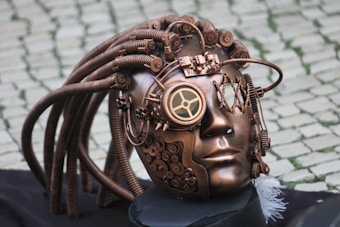 An intricate bronze-colored steampunk mask adorned with various gears, pipes, and electronic components, creating a sci-fi aesthetic. The mask features a circular mechanical eye piece and is set against a cobblestone background.