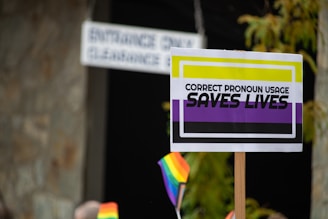 A sign held up with bold text stating 'Correct Pronoun Usage Saves Lives,' featuring a background with black, yellow, white, and purple colors. Nearby, there are small rainbow flags waving. The surroundings include some greenery and a blurred sign indicating an entrance.