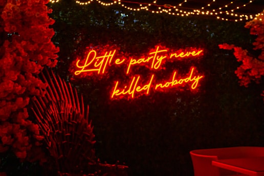 A bright, neon red sign reads 'Little party never killed nobody' against a dark background. The sign is surrounded by vibrant red flowers and low-hanging string lights, creating a festive and lively atmosphere.