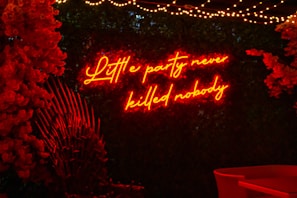 A bright, neon red sign reads 'Little party never killed nobody' against a dark background. The sign is surrounded by vibrant red flowers and low-hanging string lights, creating a festive and lively atmosphere.