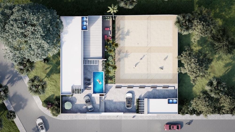 an aerial view of a house with a swimming pool