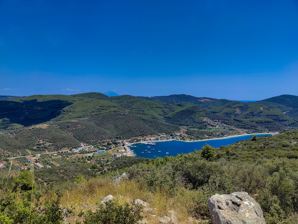 a scenic view of a lake surrounded by mountains