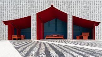 Three red-roofed wooden structures with traditional Asian design elements stand against a backdrop filled with columns of black Chinese characters. The floor also displays large white characters on a dark background, creating a dramatic visual contrast. The structures contain red benches and tables with intricate patterns.