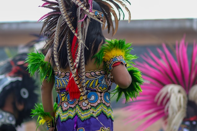 A person wearing colorful traditional attire adorned with vibrant feathers and intricate patterns. The clothing features bright green and yellow feathered arm decorations and a detailed pattern on the back. The scene is lively and filled with movement, with additional feathered costumes visible in the background.