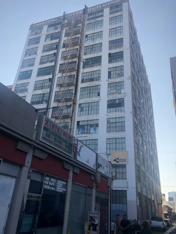 Wide shot of a commercial building equipped with multiple fire safety devices and sprinklers.