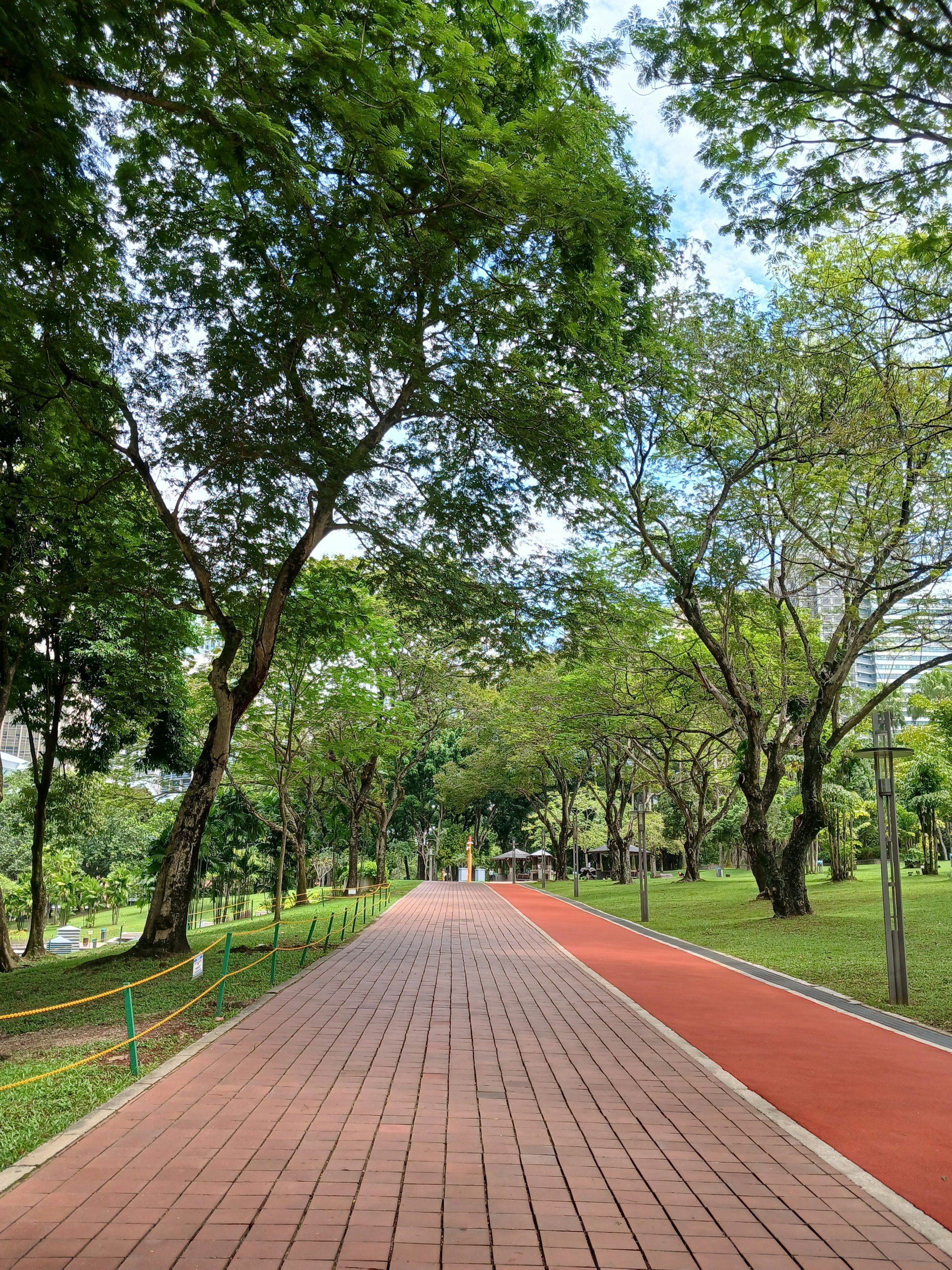 A peaceful jogging track winding through the community, lined with trees and vibrant flowers.